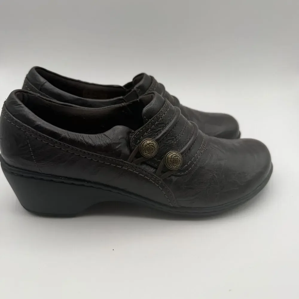 Clarks Mottled Brown Leather Women's Shoes‎ Sz 7 M Rose Button Slip On Comfort